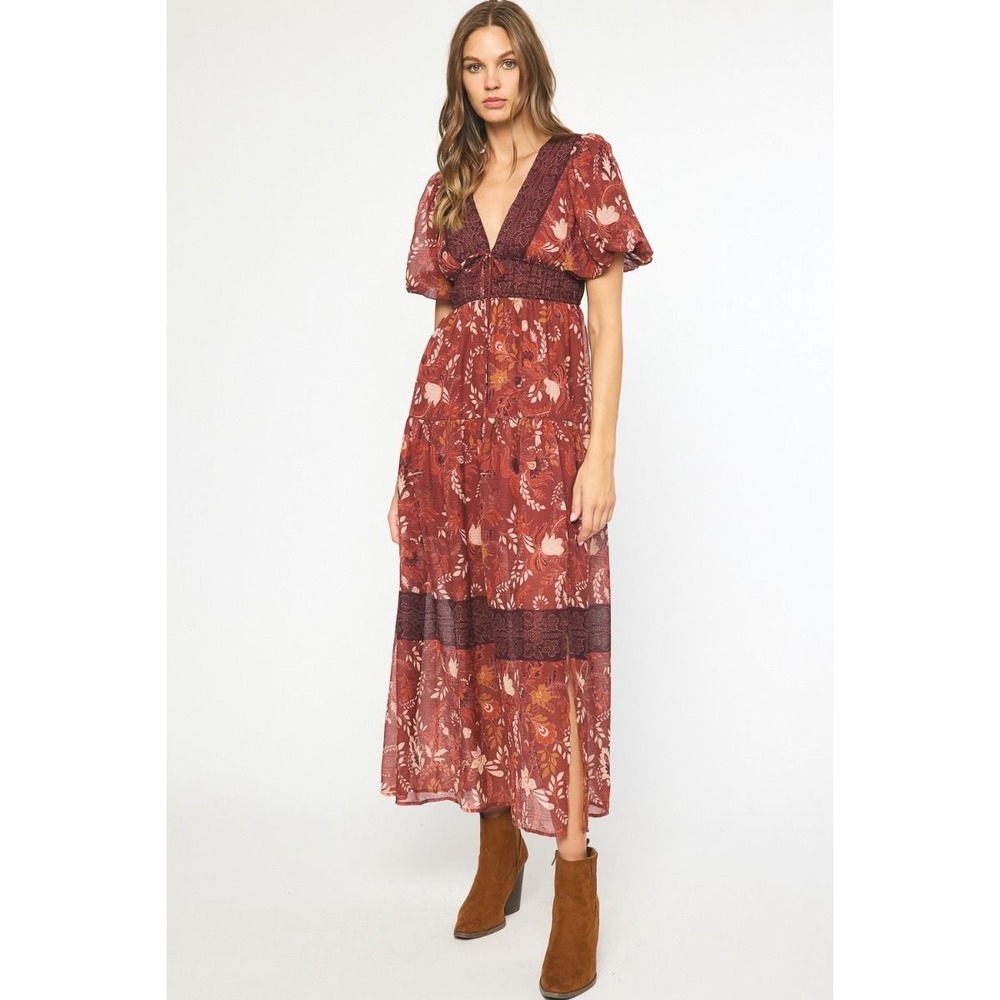 Entro Maxi Dress Womens M Rust Red Floral Boho Smocked Waist Puff Sleeve V-Neck
